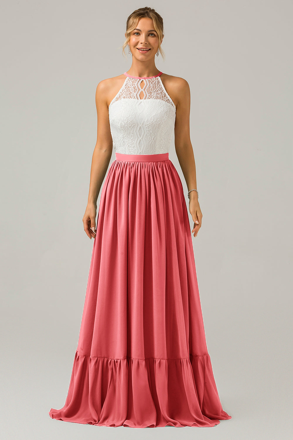 Cabernet Schlüsselloch Boho Chiffon Langes Brautjungfernkleid mit Spitze