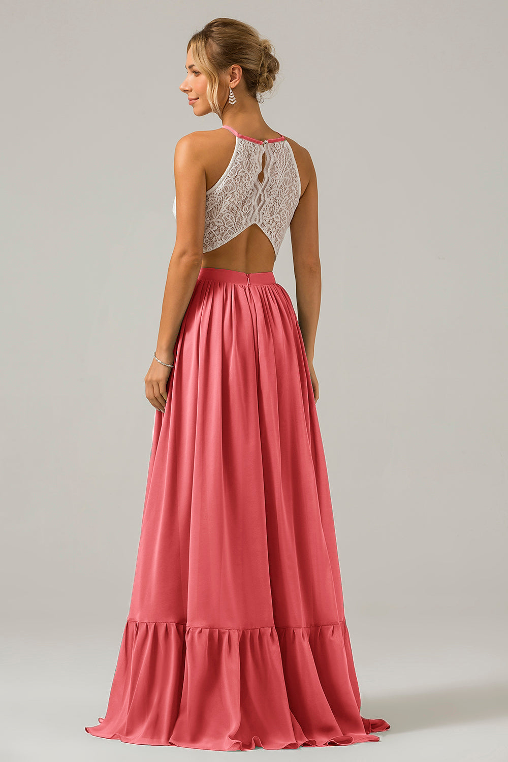 Cabernet Schlüsselloch Boho Chiffon Langes Brautjungfernkleid mit Spitze