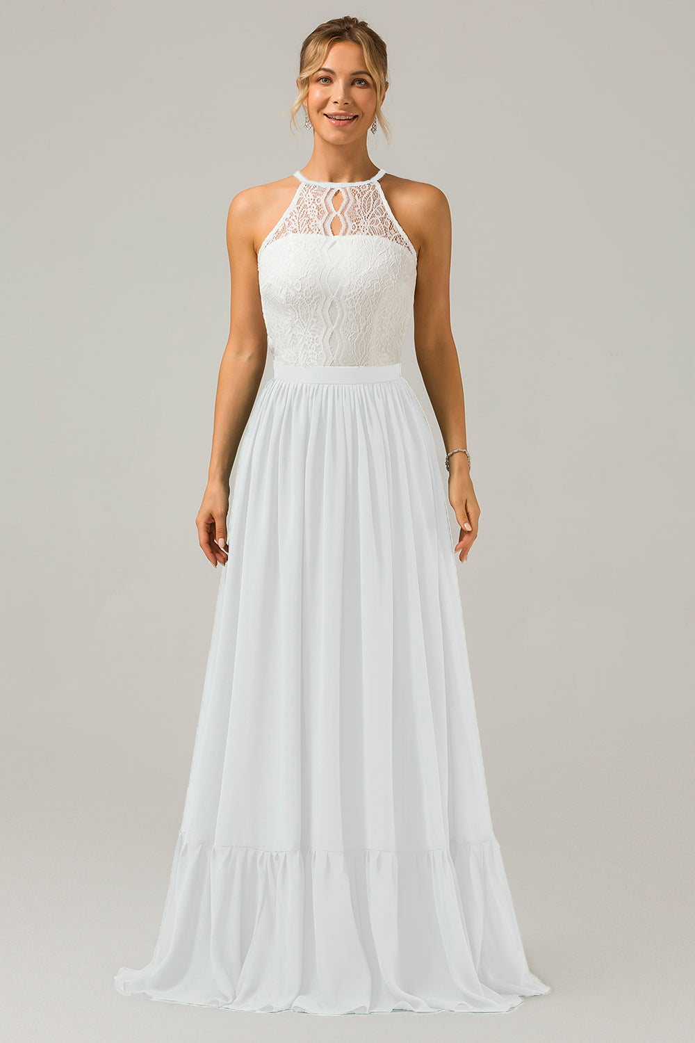 Weißes Schlüsselloch Boho Chiffon Langes Brautjungfernkleid mit Spitze