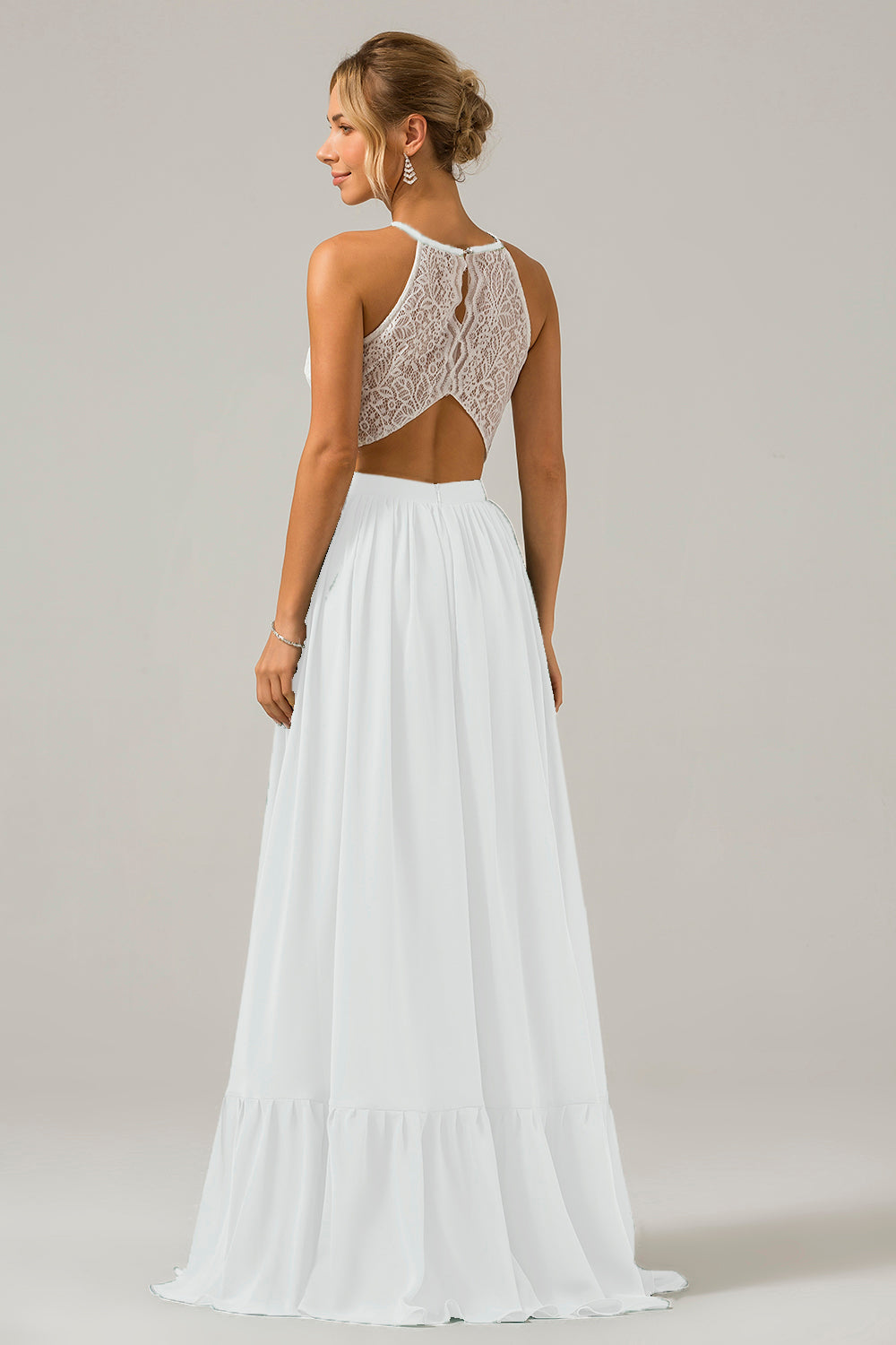 Weißes Schlüsselloch Boho Chiffon Langes Brautjungfernkleid mit Spitze