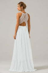Weißes Schlüsselloch Boho Chiffon Langes Brautjungfernkleid mit Spitze