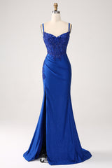 Zapaka Damen Königsblaues Ballkleid Glitzer Meerjungfrau Spaghettiträger Langes Abendkleid mit Applikationen