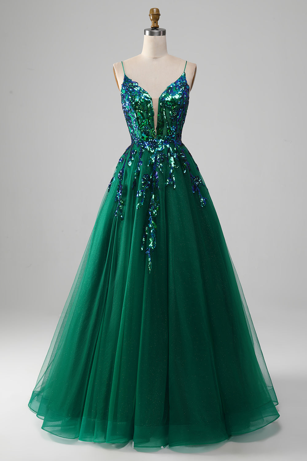 Spaghettiträger aus Tüll Dunkelgrünes Ballkleid mit Pailletten