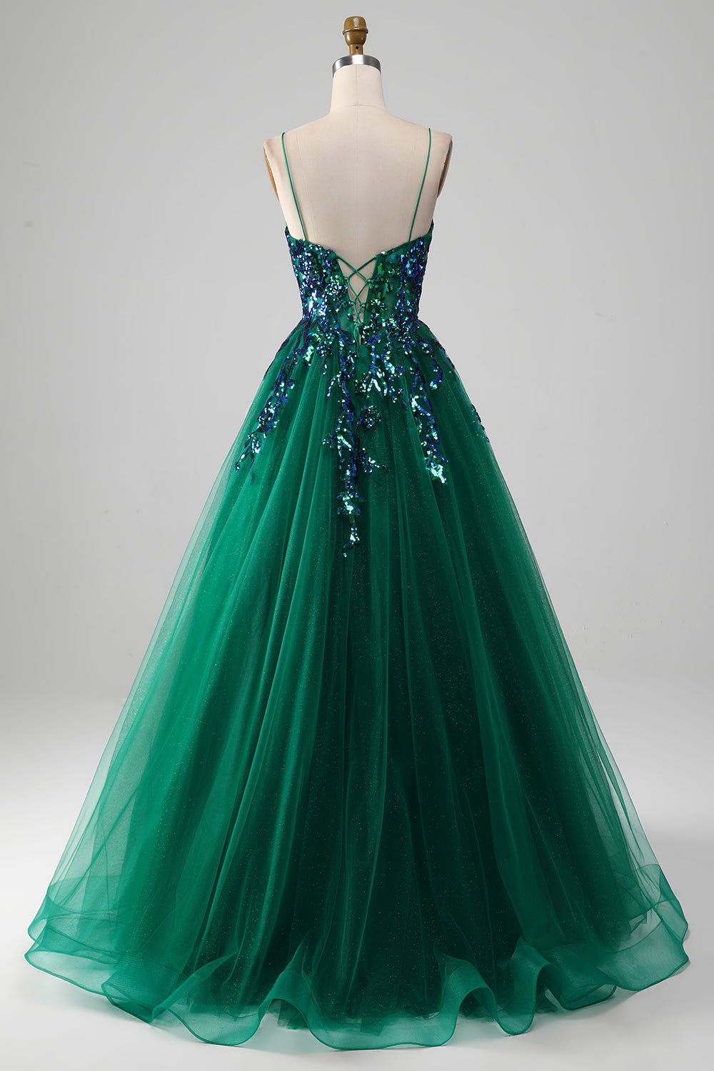 Spaghettiträger aus Tüll Dunkelgrünes Ballkleid mit Pailletten