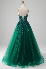Spaghettiträger aus Tüll Dunkelgrünes Ballkleid mit Pailletten