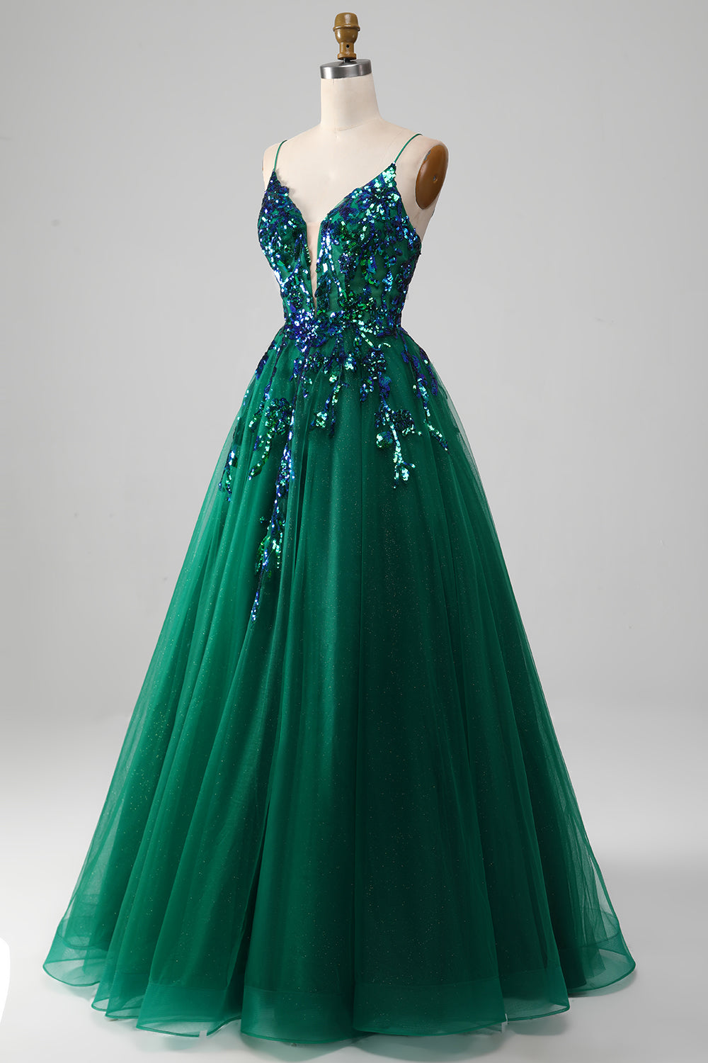 Spaghettiträger aus Tüll Dunkelgrünes Ballkleid mit Pailletten