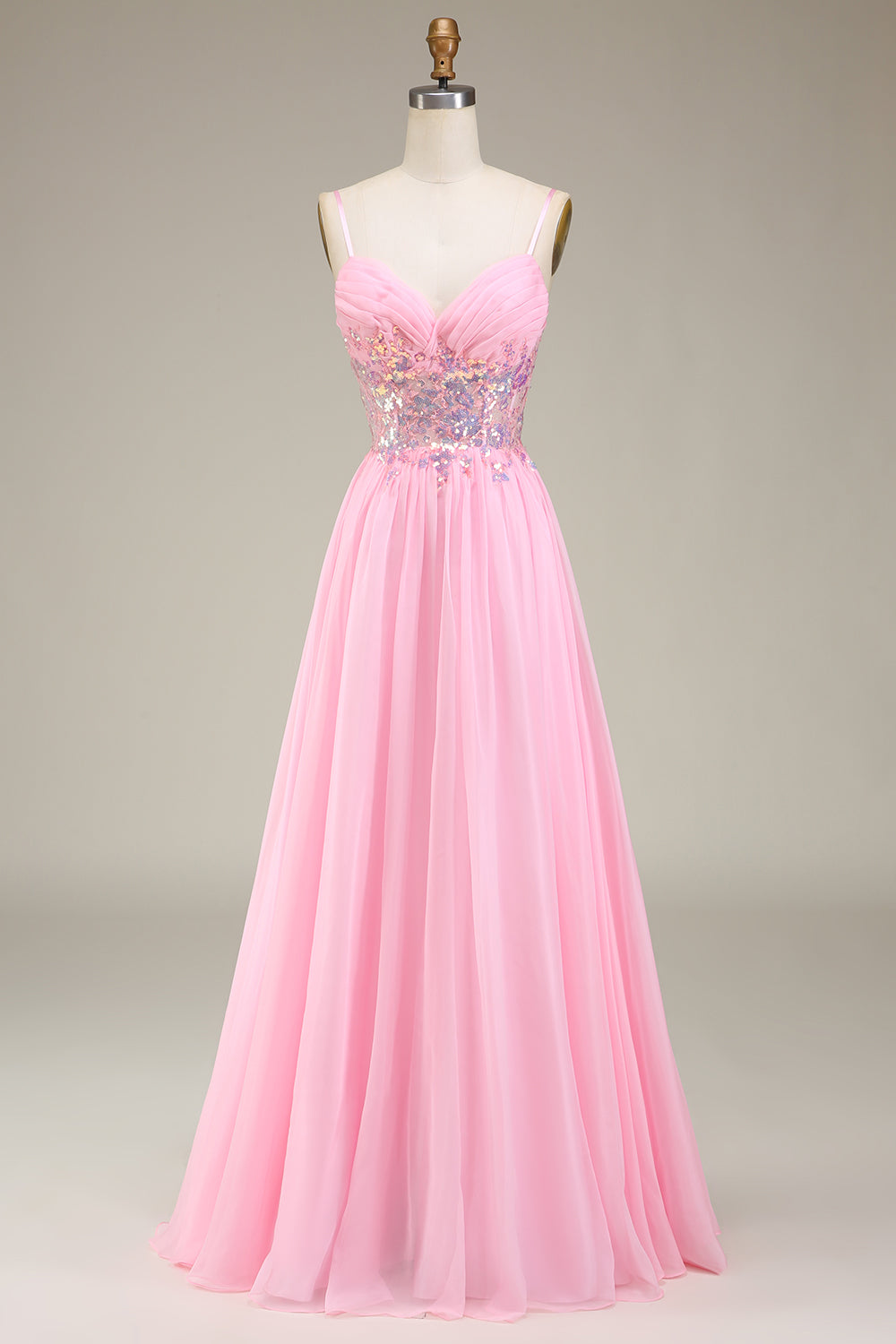Rosa Korsett Spaghettiträger A-Linie Ballkleid mit Plissee