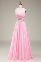 Rosa Korsett Spaghettiträger A-Linie Ballkleid mit Plissee