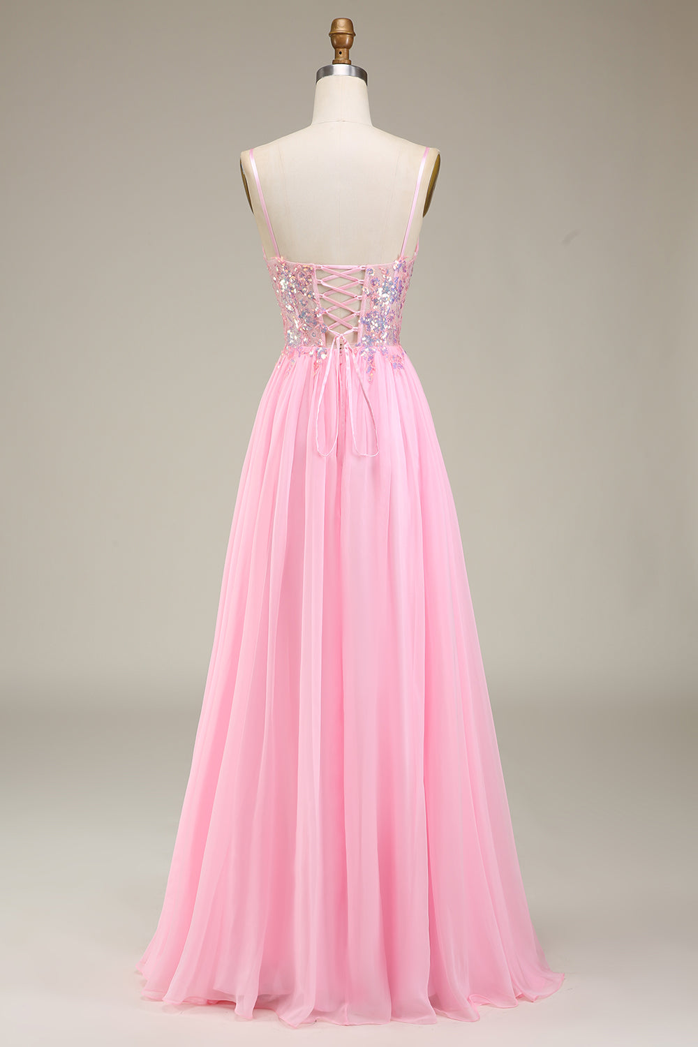 Rosa Korsett Spaghettiträger A-Linie Ballkleid mit Plissee