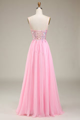 Rosa Korsett Spaghettiträger A-Linie Ballkleid mit Plissee