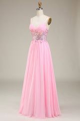 Rosa Korsett Spaghettiträger A-Linie Ballkleid mit Plissee