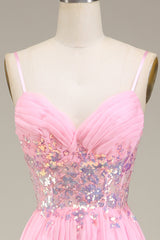 Rosa Korsett Spaghettiträger A-Linie Ballkleid mit Plissee
