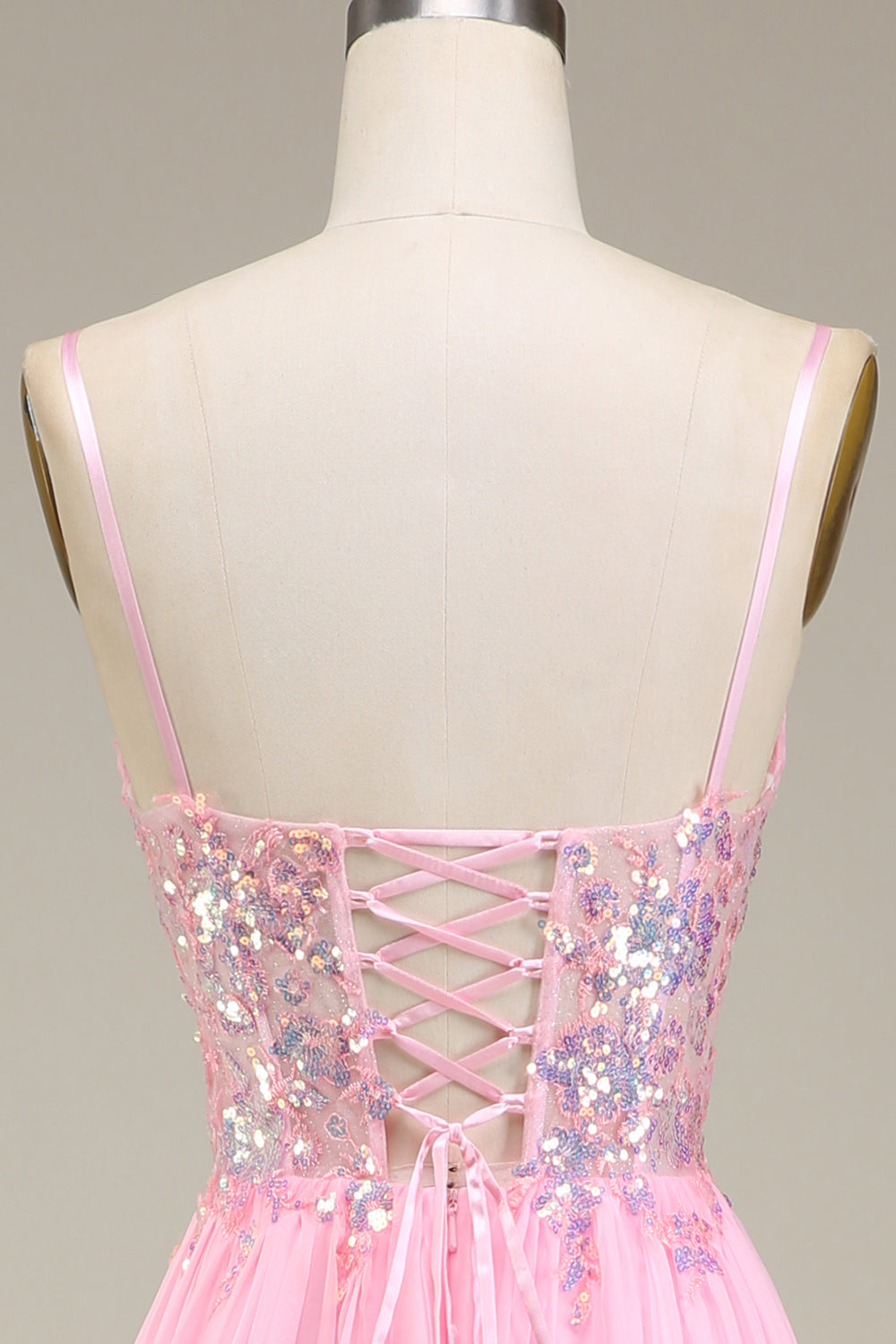 Rosa Korsett Spaghettiträger A-Linie Ballkleid mit Plissee