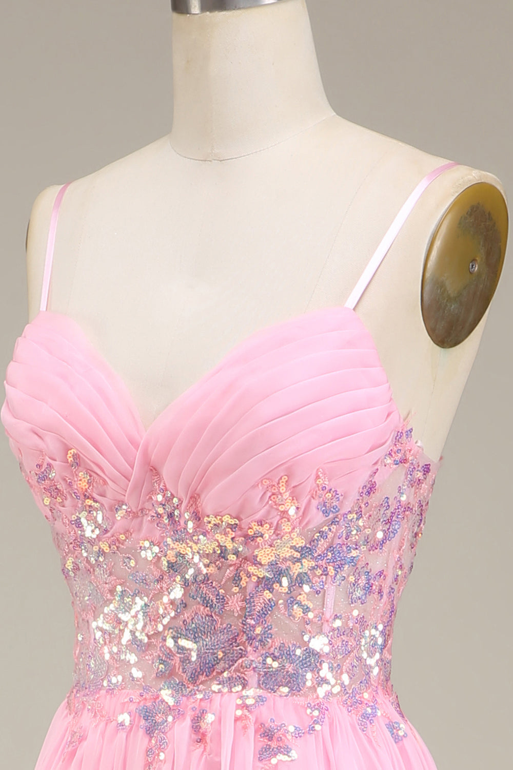 Rosa Korsett Spaghettiträger A-Linie Ballkleid mit Plissee