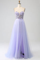 Lavendel A Linie Tüll Korsett Ballkleid mit Schlitz