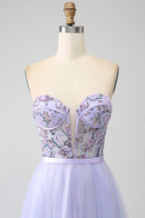 Lavendel A Linie Tüll Korsett Ballkleid mit Schlitz