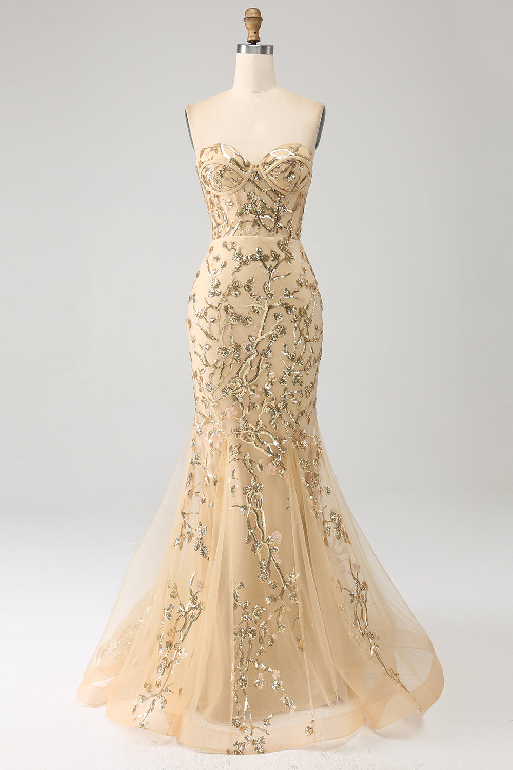 Meerjungfrau Champagner Glitzerndes Korsett Abendkleid