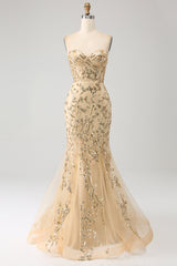 Meerjungfrau Champagner Glitzerndes Korsett Abendkleid
