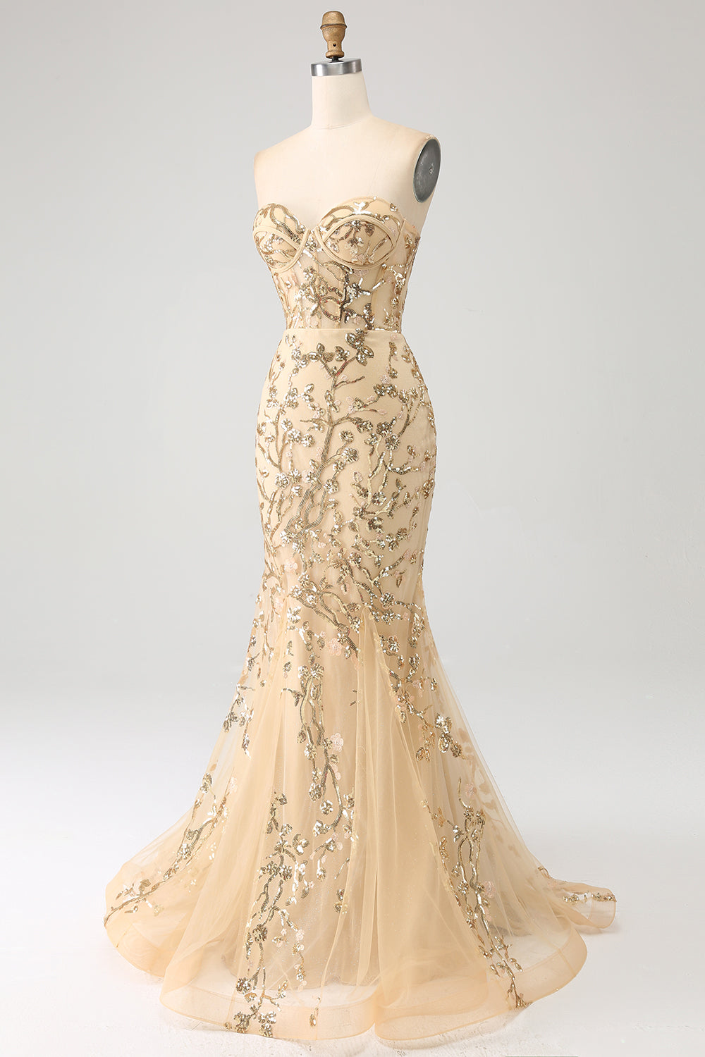 Meerjungfrau Champagner Glitzerndes Korsett Abendkleid