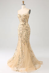 Meerjungfrau Champagner Glitzerndes Korsett Abendkleid