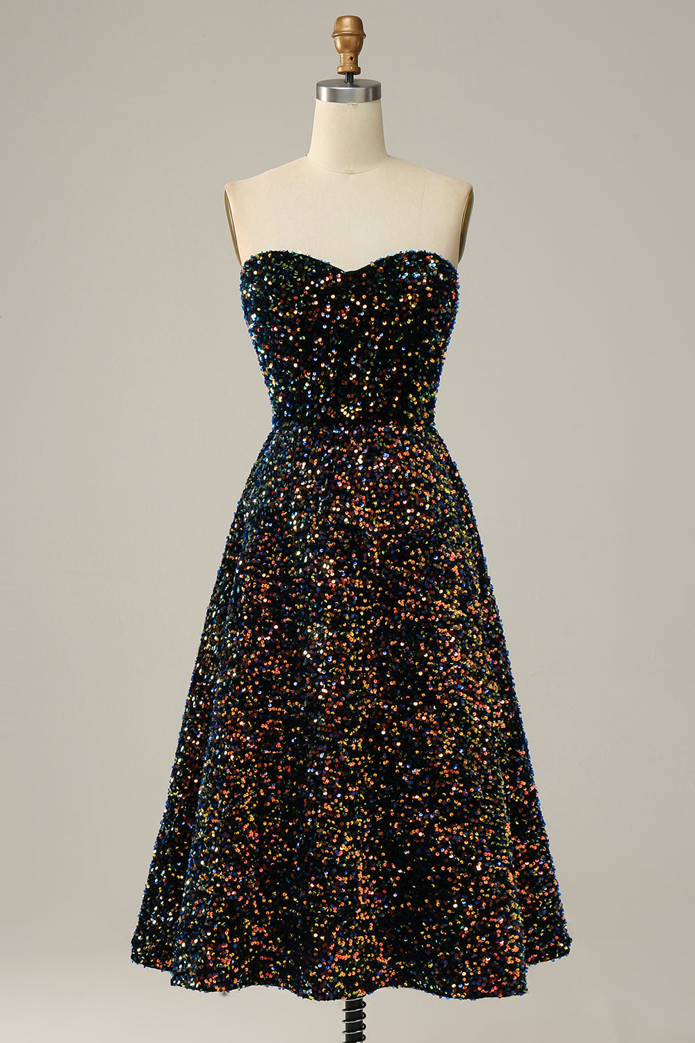 A-Linie Herzausschnitt Schwarz Pailletten Midi Ballkleid