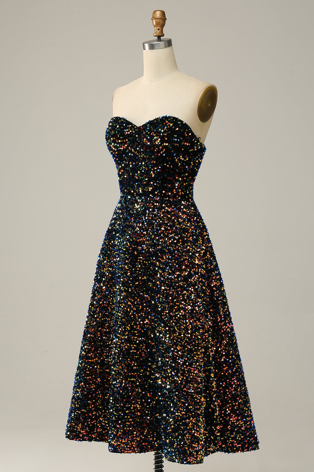 A-Linie Herzausschnitt Schwarz Pailletten Midi Ballkleid