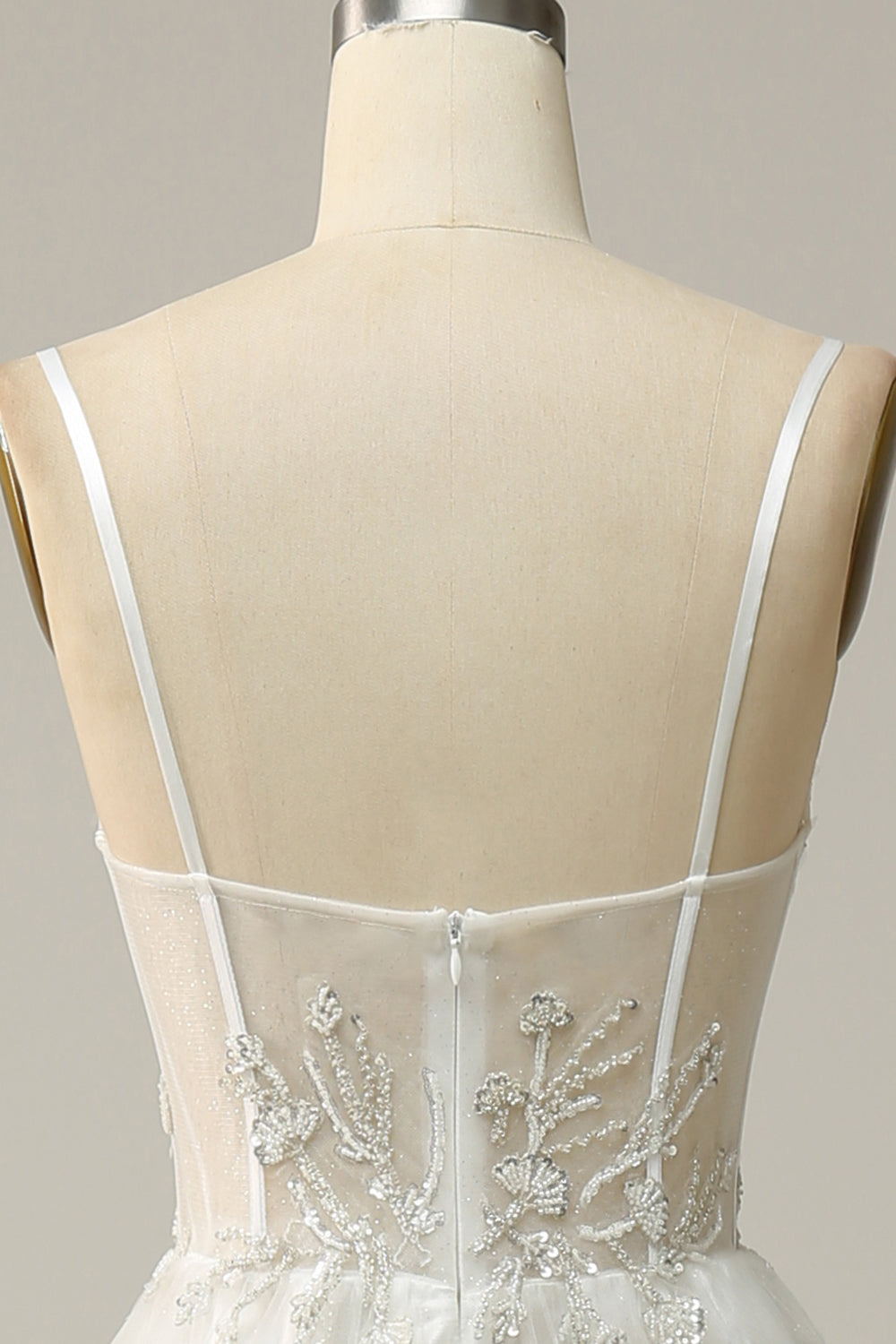 A-Linie Spaghettiträger Weißes langes Brautkleid mit Applikationen