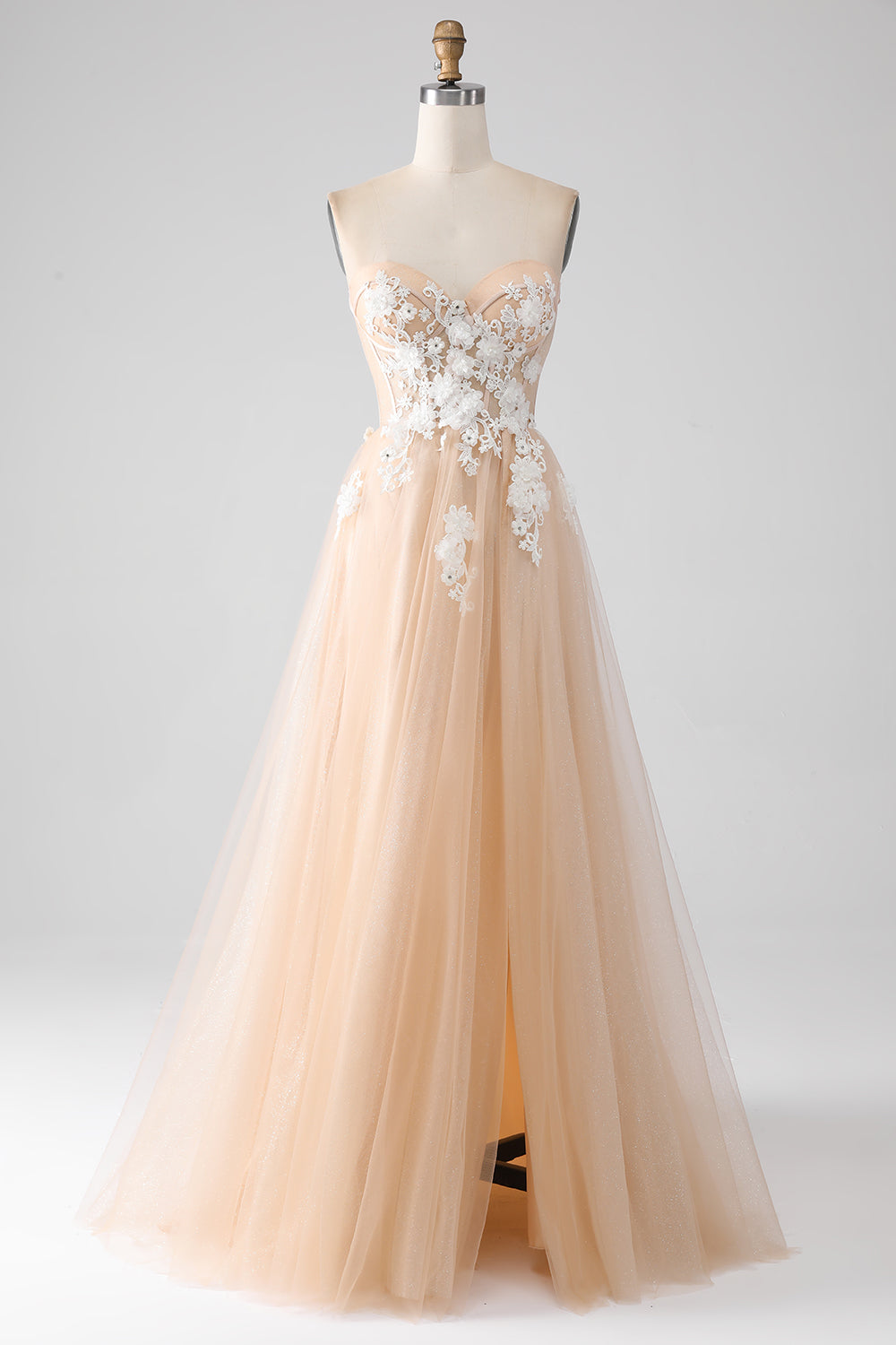 A-Linie Champagner trägerloses Korsett Ballkleid mit Applikationen