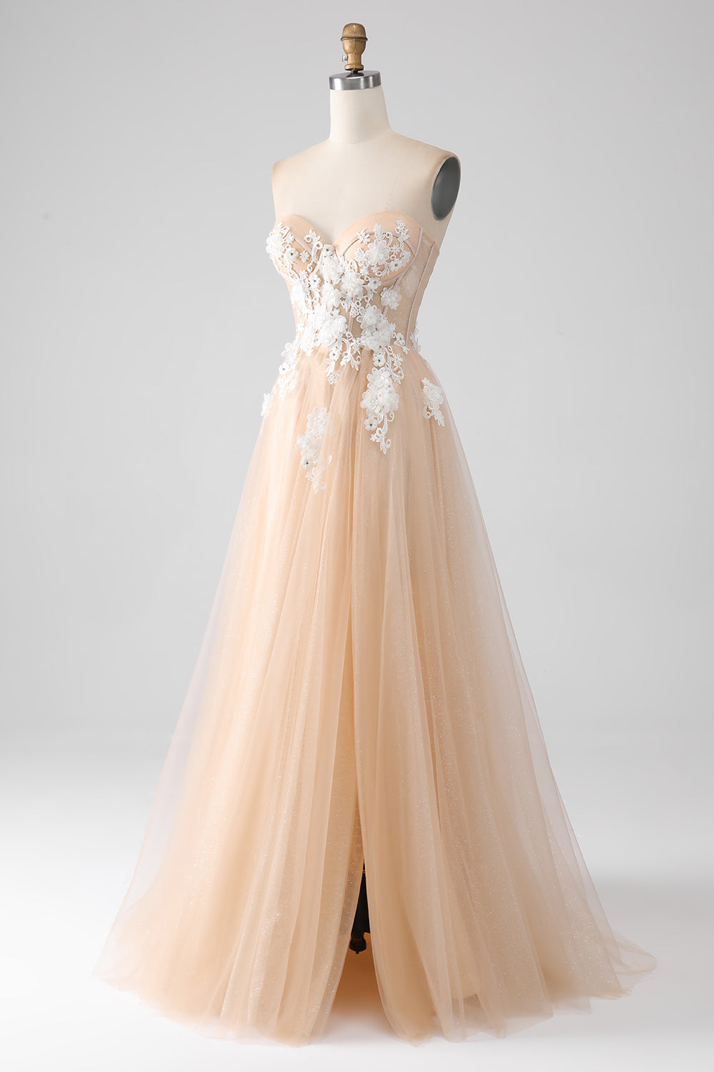 A-Linie Champagner trägerloses Korsett Ballkleid mit Applikationen