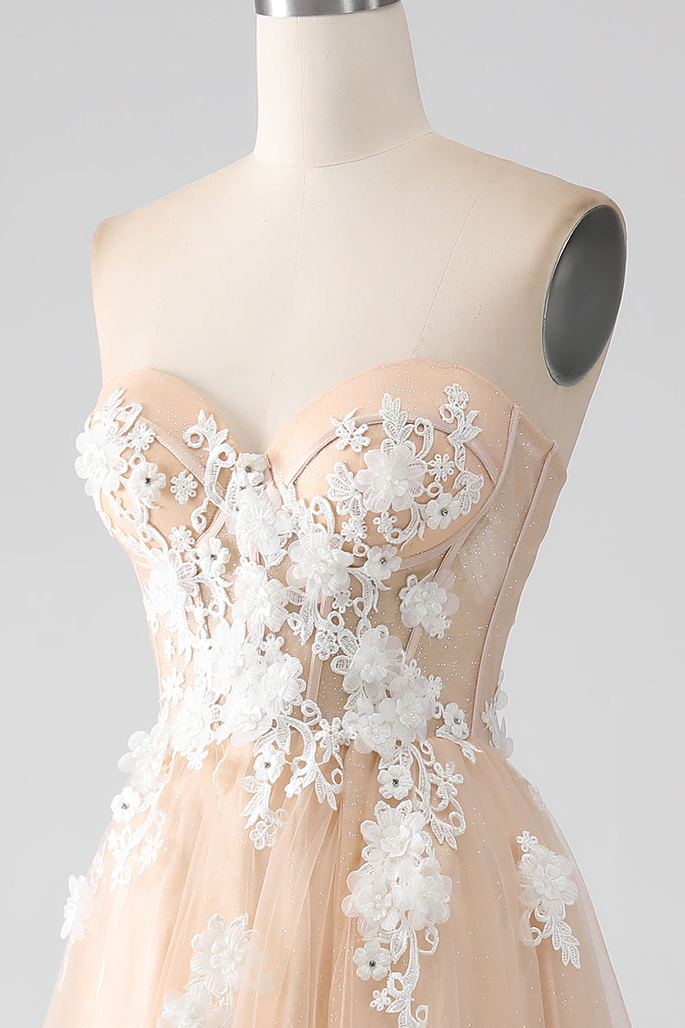 A-Linie Champagner trägerloses Korsett Ballkleid mit Applikationen