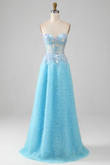 Himmelblaues Herzausschnitt Korsett Ballkleid mit Pailletten