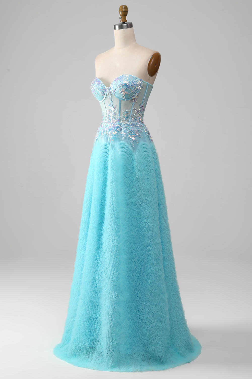 Himmelblaues Herzausschnitt Korsett Ballkleid mit Pailletten