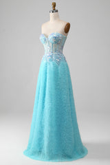 Himmelblaues Herzausschnitt Korsett Ballkleid mit Pailletten