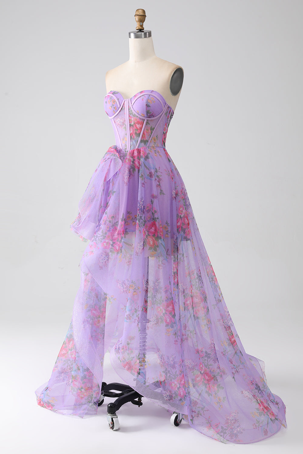 Lila bedrucktes trägerloses Korsett Ballkleid