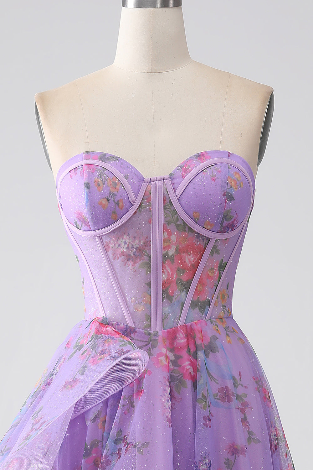 Lila bedrucktes trägerloses Korsett Ballkleid