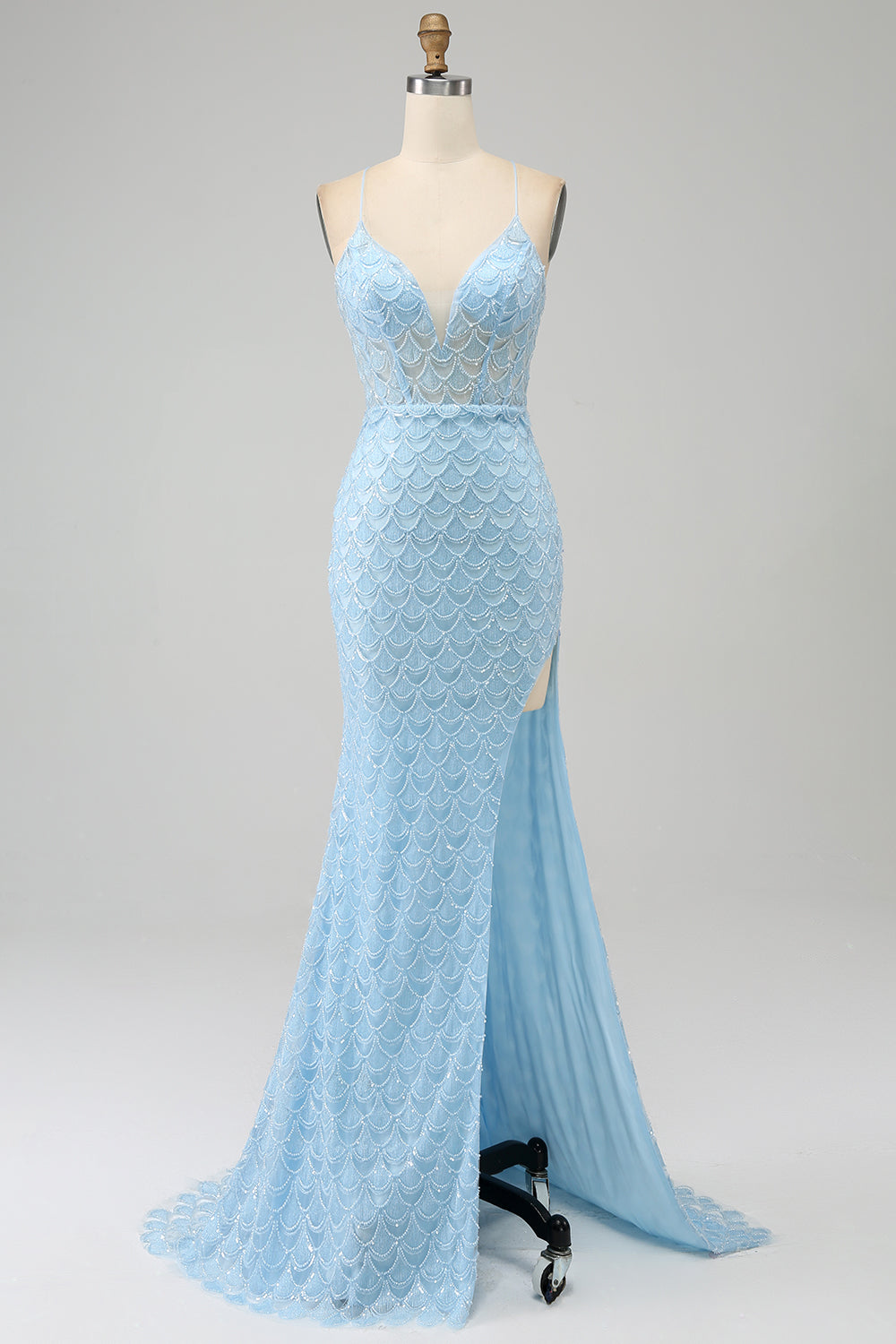 Glitzer himmelblaues Spaghettiträger Meerjungfrau Abendkleid mit Schlitz