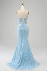 Glitzer himmelblaues Spaghettiträger Meerjungfrau Abendkleid mit Schlitz
