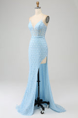 Glitzer himmelblaues Spaghettiträger Meerjungfrau Abendkleid mit Schlitz