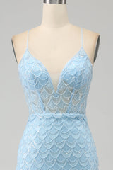 Glitzer himmelblaues Spaghettiträger Meerjungfrau Abendkleid mit Schlitz