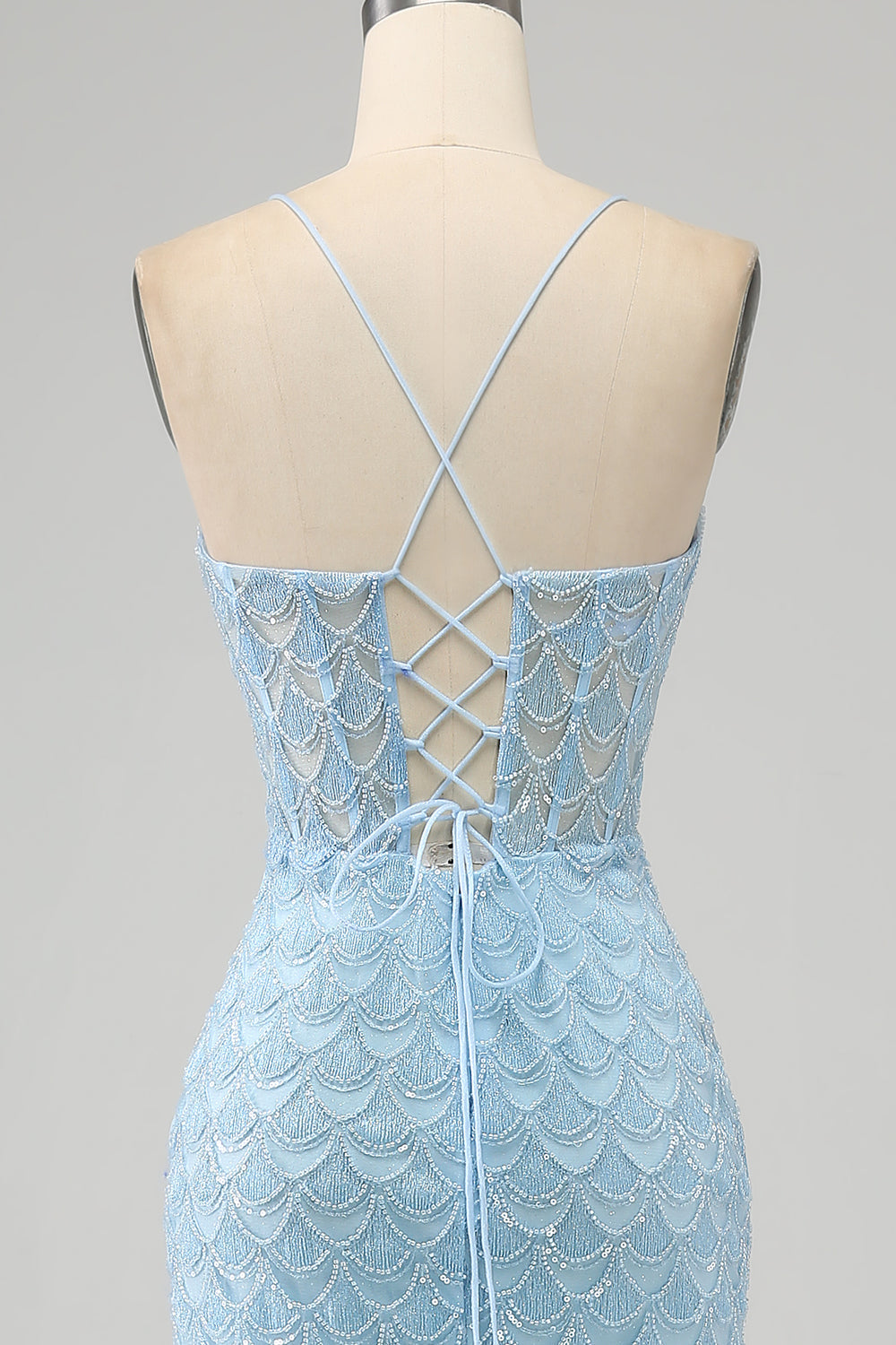 Glitzer himmelblaues Spaghettiträger Meerjungfrau Abendkleid mit Schlitz