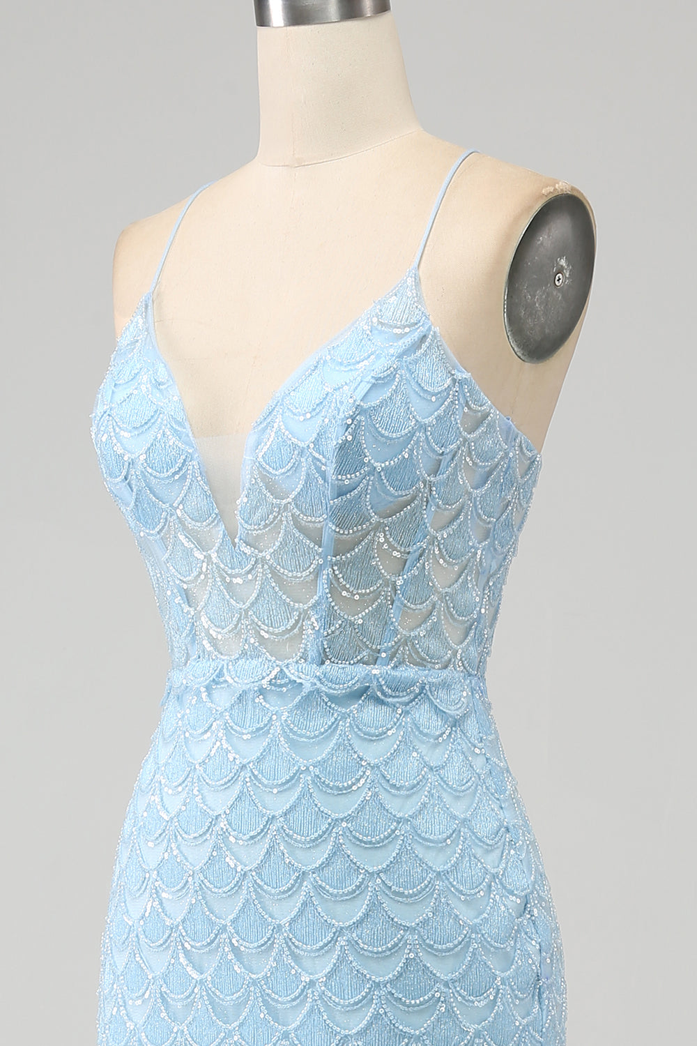 Glitzer himmelblaues Spaghettiträger Meerjungfrau Abendkleid mit Schlitz