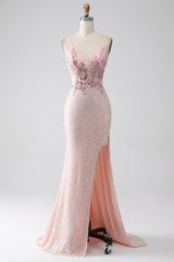 Glitzer rosa perlenbesetztes Meerjungfrauen Ballkleid mit Schlitz