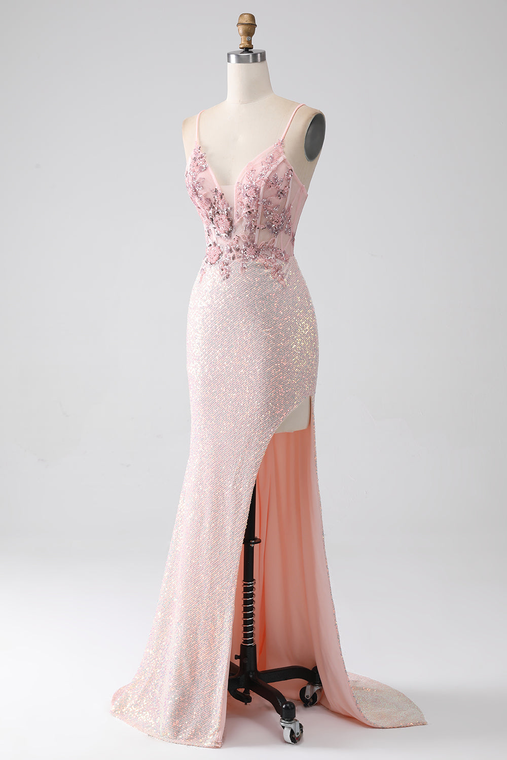 Glitzer rosa perlenbesetztes Meerjungfrauen Ballkleid mit Schlitz