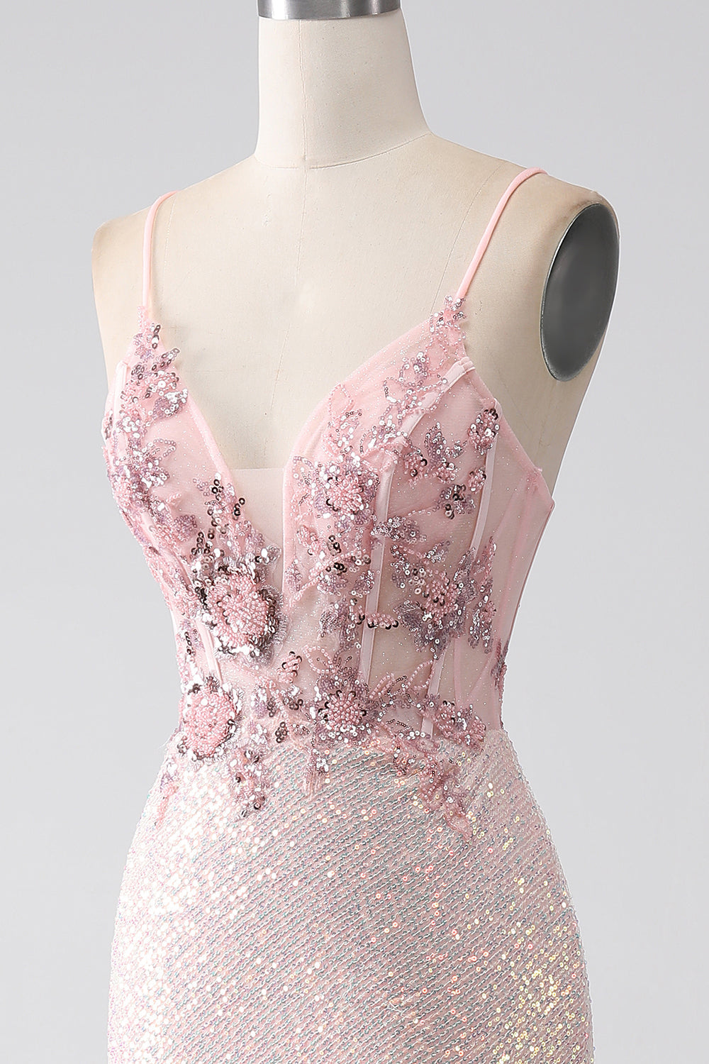 Glitzer rosa perlenbesetztes Meerjungfrauen Ballkleid mit Schlitz