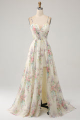 Elfenbein Ballkleid mit Blumendruck in A-Linie und Schlitz