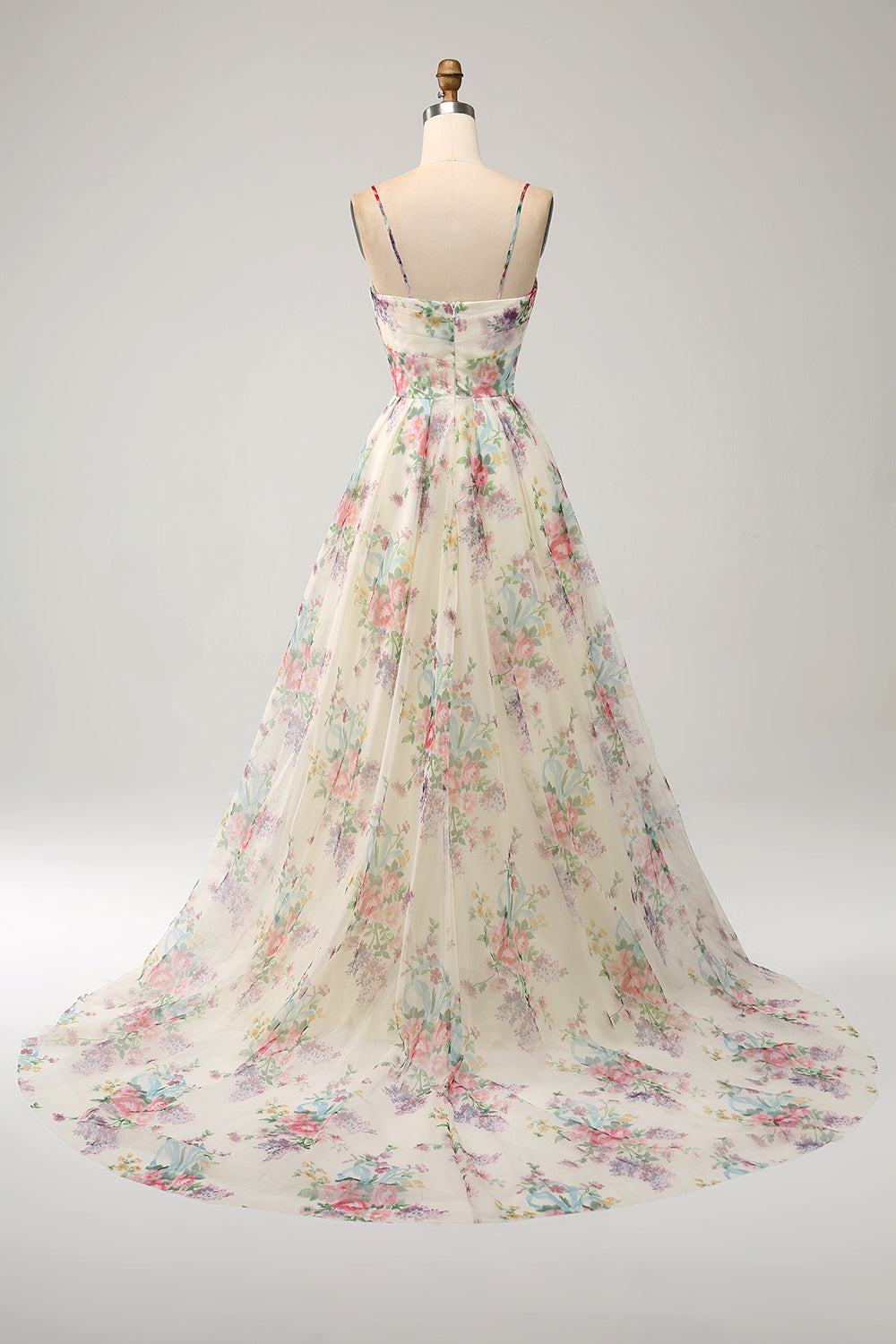Elfenbein Ballkleid mit Blumendruck in A-Linie und Schlitz