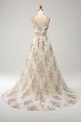 Elfenbein Ballkleid mit Blumendruck in A-Linie und Schlitz