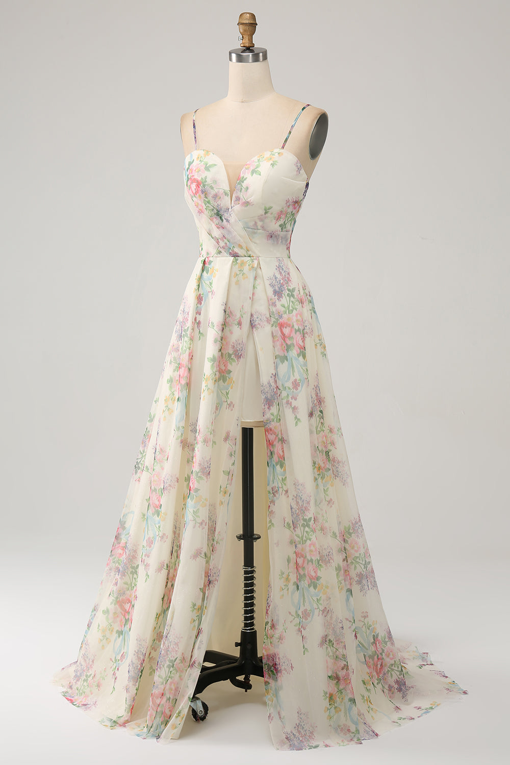 Elfenbein Ballkleid mit Blumendruck in A-Linie und Schlitz