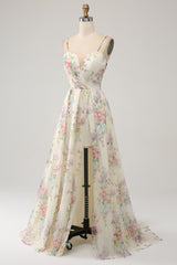 Elfenbein Ballkleid mit Blumendruck in A-Linie und Schlitz