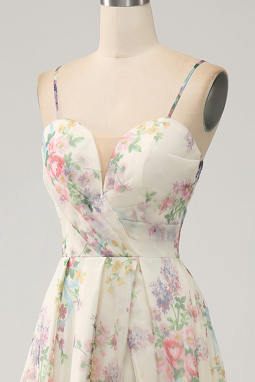 Elfenbein Ballkleid mit Blumendruck in A-Linie und Schlitz